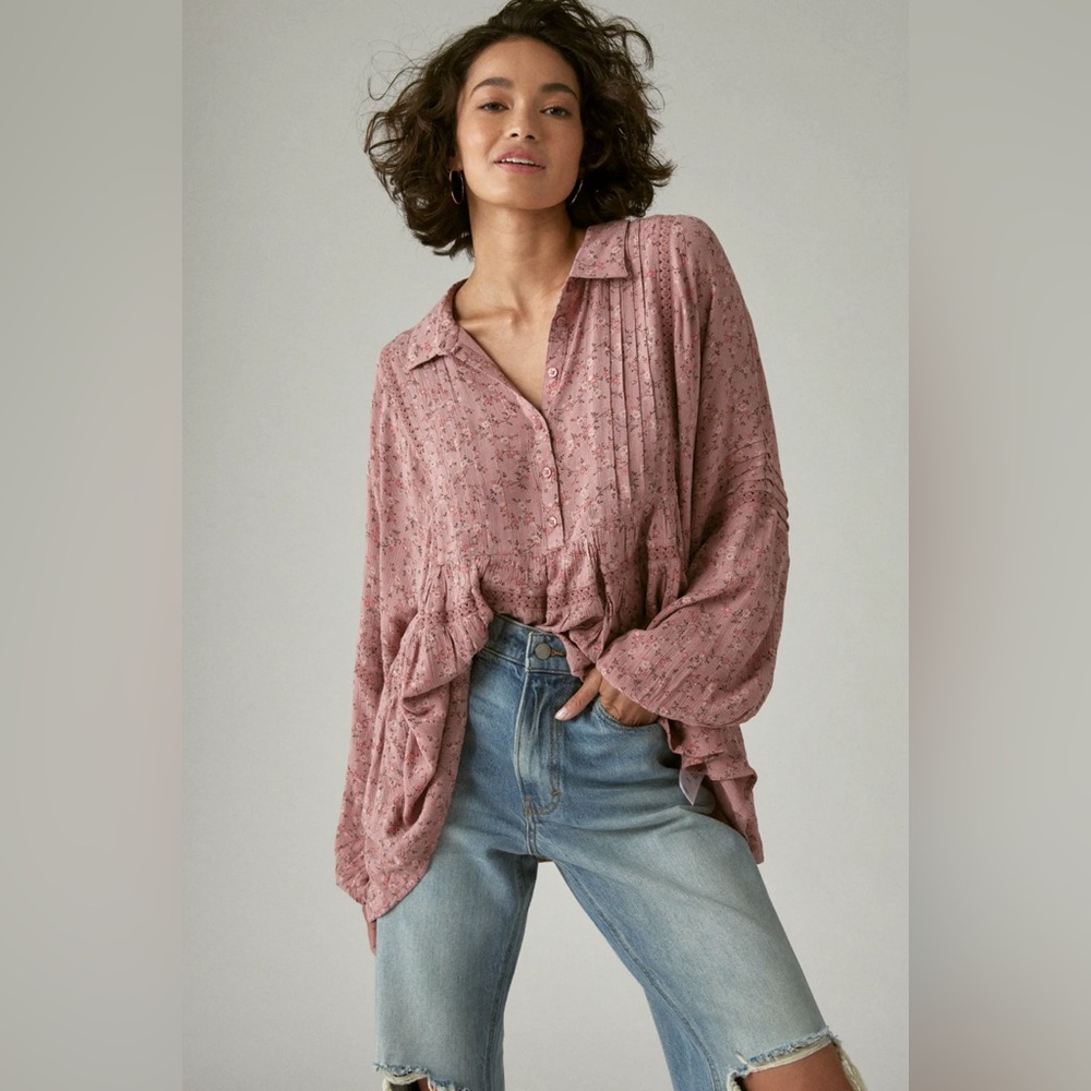 Lucky Brand Dusty Rose Floral Popover Blouse Medium